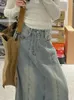 Rokken vrouwen denim rok maxi midi long jean met gesplitste hoge taille slanke a-line vintage straatmode y2k kleding Koreaans 2023