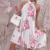 Basic Casual Dresses Sexy Summer Off Shoulder A-line Party Dress Elegant Pattern Print Halter Pleated Dress Casual Sleeveless Loose Boho Mini Dresses 230519