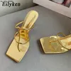 Slippers eilyken Design goud zilveren dames slipper vierkante knelpoging lage hakken glijbanen sandaal vakantie flip flops mujer schoenen j230519