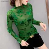 Kvinnors T-shirt #5605 Black Green See Through T Shirt Floral Sexig Mesh T-shirt Female Turtleneck Casual Tee Shirt Femme Fashion Tight S-3XLL230519