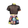 Dames t shirts zomer tweedelende kleding set dames shirt shirt shorts mesh crop tee met bedrukte korte broek sexy vrouw