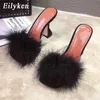 Terlik Eilyken Kadın Yaz Yeni Terlik Tüy Pvc Şeffaf Yüksek Topuklu Kürk Sandals Peep Toe Başak Topuk Ladies Slaytlar Ayakkabı J230519