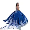 Spaghetti rand pärlstav quinceanera klänningar marinblå katedral tåg prinsessan korsett applikationer spets vestidos de 15 anos