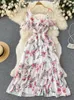 Основные повседневные платья Yuoomuoo Романтические женщины Ruffles Split Chifon Beach Dress Summer Elegant Flower Print Oneshoulder Long 230519