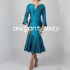 Teal Blue Tea-Length Mother Of The Bride Dress Long Sleeves Lace 2023 Wedding Party Gown Short mother occasion gown