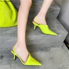 Slippers 2023 Summer Women Slides 8cm High Heels Lady Leather Slingback Design Neon Yellow Slippers Wedding Pointed Toe Party Shoes J230519