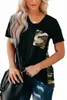 T-shirt de poche à enfiler imprimé camouflage décontracté pour femme noir I5Vx #