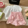 Kläder set Korea Baby Girls 2pc Toddler Girl Short Set Summer White Tops Plaid Pant Suit Princess Casual Children's