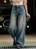 Kadınlar kot hanorange bahar yaz retro yıkanmış geniş bacak kot pantolon kadın yüksek bel rahat kot pantolon kadın vintage mavi 230519