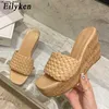 Kapcie Eilyken nowe kliny splot kobiety kapcie Summer super heels buty seksowne platforma otwarta palca drewniane sandały J230519