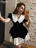 Robes décontractées basiques Clacive Fashion Black Patchwork Womens Elegant Doll Collar Short Sleeve Mini Dress Lady Office Female 230518