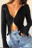 Women's Hoodies Women T-shirt Spring Autumn Clothes Ribbed Knitted Long Sleeve Crop Tops Zipper Design Tee Sexy Female Slim Black White