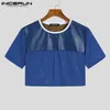 Damen T-Shirt Mode Männer Crop Tops Patchwork Durchsichtig Sexy Kurzarm T-Shirts Streetwear 223 Party Nachtclub Kleidung INCERUN 5XL 23519