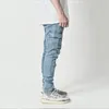 Erkek Kot Pantolon Yıkama Düz Renk Çok Cepleri Denim Orta Bel Kargo Artı Boyut Fahsion Rahat Pantolon Erkek Günlük Giyim 230519