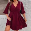 Vestidos de tamanho grande brilho tamanho grande 4xl lantejão midi Mulheres Autumn babados de meia manga V pescoço sólido festa noturna 230518