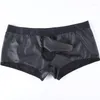 Caleçon AIIOU hommes sous-vêtements noir Faux cuir PU Gay hommes boxeurs Shorts Sexy éléphant nez poche mâle culotte Cueca 2023