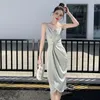 Casual Dresses Women Summer Sexy Club Evening Party Robe Long V Neck Sleeveless Spaghetti Strap Satin Dress Elegant Backless Slip