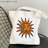 Shoppingväskor kvinnor shoppare väska sol och mån tryckt kawaii harajuku duk tjej handväska tygt axel dam