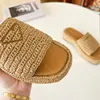 Crochet Flatform Slides Women Straw Sandal Metal Triangle Monoblock Rubber Espadrilles Slipper Platform Slides Summer Slide With Box