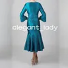 Teal Blue Tea-Length Mother Of The Bride Dress Long Sleeves Lace 2023 Wedding Party Gown Short mother occasion gown