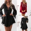 Basic Casual Dresses Hollow Out White Dress Sexy Women Mini Chiffon Semi-Sheer Checkered Dress Plunge V-Neck Long Sleeve Crochet Lace Dress Black 230519