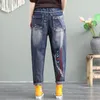 Jeans Cartoon Girl Patch broderie Jeans en baisse de grande taille pour femmes