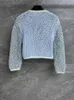 Women's Knits Fashion High Quality Heavy Yarns Pure Handmade Crocheted Cardigan For Women Contrast Color Three Quarter Sleeve Short Sweater