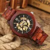 Wristwatches Gold Skeleton Mechanical Men Watch Red Wooden Automatic Timepieces Luminous Pointer Display Mens Watches Reloj Masculino