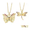 Pendentif Colliers Libellule Papillon Avec Arc-En-Zircon Pierre Délicat 18K Plaqué Or Collier Pour Les Femmes D'été Bijoux Cadeaux Dro Dh1Kj