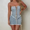 Dwuczęściowa sukienka bandaż denim 2 zestawy spódnicy letnie damskie ubrania Y2K Streetwear Jean Sexy Crop Tops Ustaw strój 230518