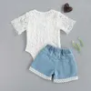 Clothing Sets Fashion Infant Newborn Baby Girls Summer Clothes Sets White Lace Flowers Bodysuits Top and Elastic Denim Shorts 2PCs Outfits