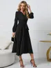 Basic Casual Dresses Slim Pleated Belt Dress Women V-neck Ruffle Long Sleeve A-Line Dress Female Solid Long Elegant Party Dress Loose Mid-Calf Skirt 230519