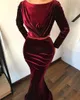 Elegant Velvet Evening Dresses Bateau Mermaid Long Sleeves Burgundy Prom Gowns With Pearls Sash Runway Dress Evening Gowns