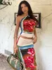 Two Piece Dress Kliou Flower Print Set Women Hipster Incline Shoulder Croped Tops High Waist Bodyshaping Skirts Female Streetwear 230518