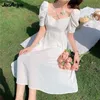 Basic Casual Dresses Womens Summer French White Midi Dress Graceful Lace Butterfly Puff Sleeve Evening Party Korean Bride Clothing 230518
