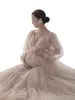 Women's Champagne Maternity Photo Shoot V-Neck Long Sleeves Tulle Floral Pregnant Photography Props Long Mesh Dress R230519