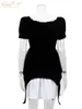 基本的なカジュアルドレスclaciveファッションブラックパッチワーク女性エレガントな人形襟短袖ミニドレスレディオフィス女性230518
