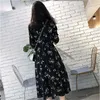 Robes décontractées de base robe à manches longues femmes en mousseline de soie à imprimé floral élégant noir Style coréen loisirs mince Chic étudiant Streetwear femmes Vestido 230519