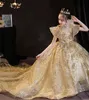 Gold Flower Dresses Jewel Appliqued Beaded Feather Girl Pageant Gown Cascading Crystal Neck Sweep Train Custom Made Sequined Birthday Gowns 403