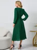 Basic Casual Dresses Slim Pleated Belt Dress Women V-neck Ruffle Long Sleeve A-Line Dress Female Solid Long Elegant Party Dress Loose Mid-Calf Skirt 230519