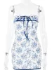 Basic Casual Dresses Fantoye Floral Printed Vacation Women Dress Offshoulder Blue Metal Button Spring Skinny Elegant Outside Female Mini 230518