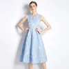 Basic Casual Dresses Summer Fall Light Blue Jacquard O-Neck Sleeveless Women Sweet Temperament Tunic Slim Midi Beach Holiday Ball Gown Vest Dress 230519