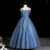 Girl Dresses Evening Dress Sequins Elegant Simple Spaghetti Strap V-Neck Pleat Floor-Length Ball Gown Blue Party Flower B1853