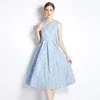 Basic Casual Dresses Summer Fall Light Blue Jacquard O-Neck Sleeveless Women Sweet Temperament Tunic Slim Midi Beach Holiday Ball Gown Vest Dress 230519