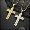 Pendentif Colliers De Style Européen Et Américain Rivet Trois Couches Grand Mens Plaqué Or 18K Bicolore Motif Croix Collier Drop Deliv Dh6Pj