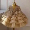 Mädchen Kleider Temperament Design Kinder Prinzessin Kleid Ballkleid Langarm Geraffte Mädchen Geburtstag Kleider Trendy Flauschige Blume