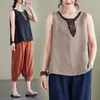 Women's Tanks Camis New Summer Arts Style Women Sleeveless Loose Tank Tops Patchwork Vintage Cotton Linen Casual Top Femme Loose Top Mujer C765 P230519
