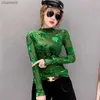 Kvinnors T-shirt #5605 Black Green See Through T Shirt Floral Sexig Mesh T-shirt Female Turtleneck Casual Tee Shirt Femme Fashion Tight S-3XLL230519