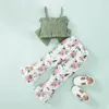 Kläder sätter barn flickor kläder set fast färg bowknot camisoles ärmlösa sling tank tops blommor tryck mikro flare byxor 2 st 1-4t