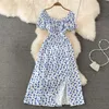 Basic Casual Dresses Summer Vintage Dress Blue Floral Bubble Sleeve Tie Up Sexy Women Aline Print Split Long Elegant Vestidos 230518